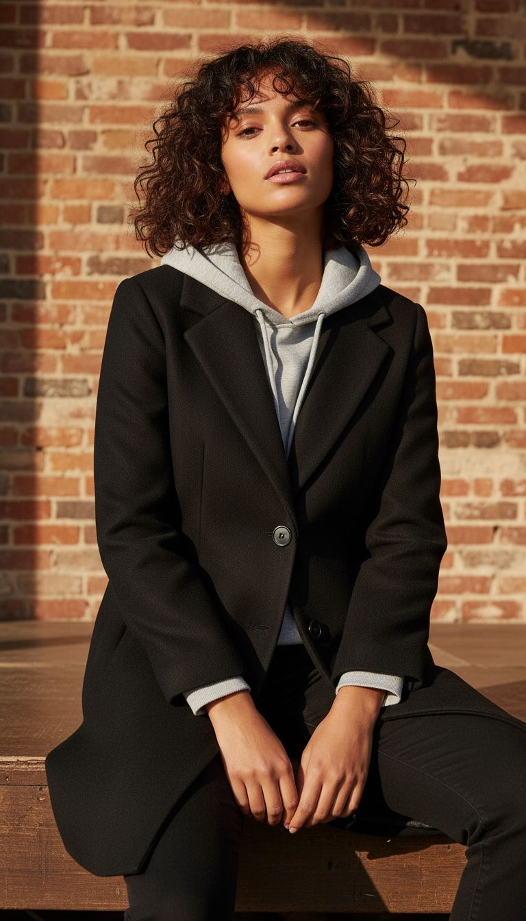 BLACK COAT WITH GRAY HOODIE