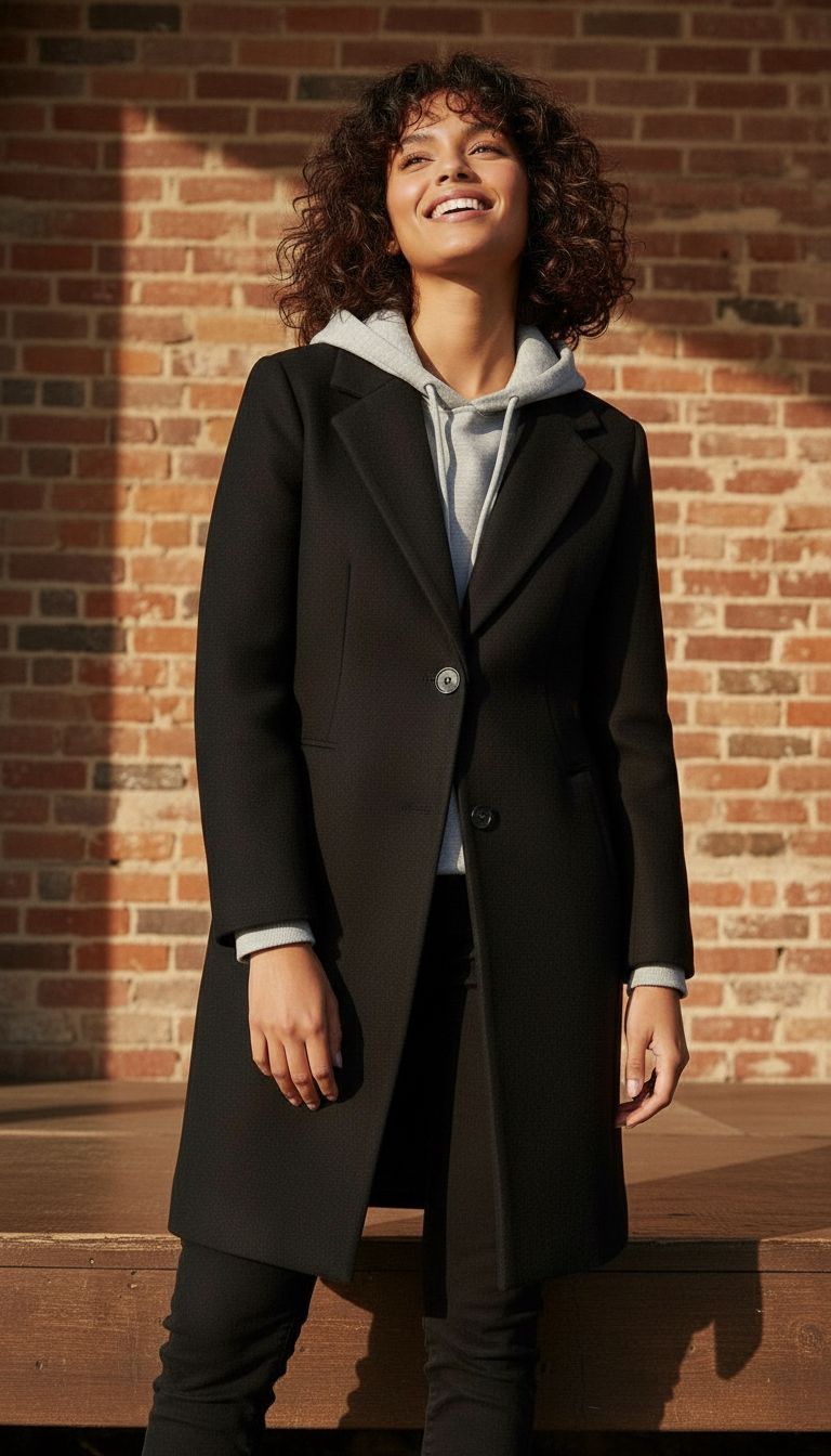 BLACK COAT WITH GRAY HOODIE