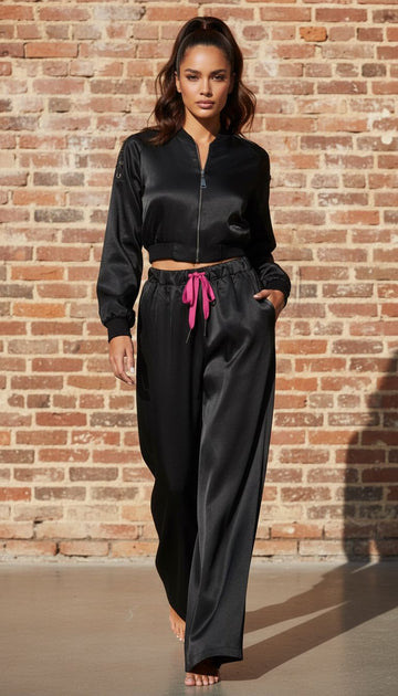 Two Pieces Black Satin Set